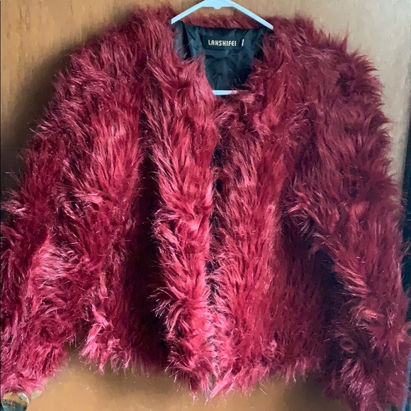 dark red fur jacket